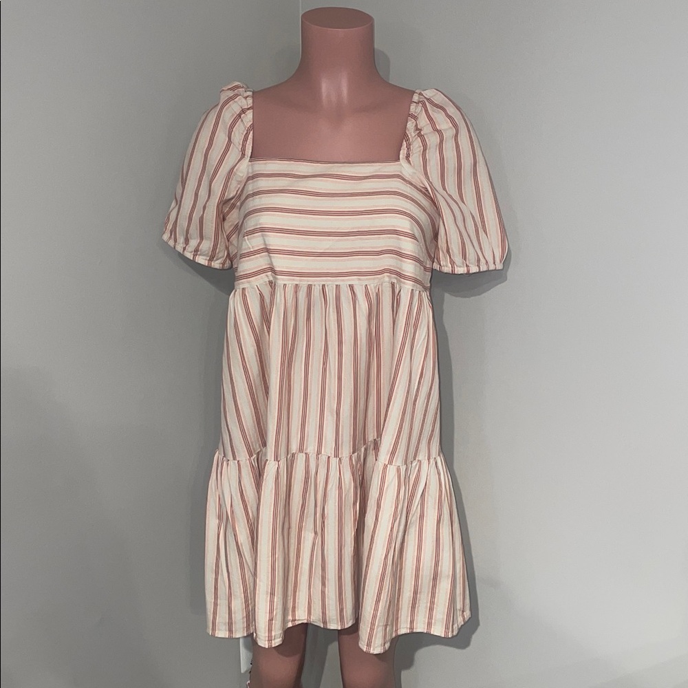 Loft Puff Sleeve Square Neck Striped Tiered Dress in red and cream cotton
